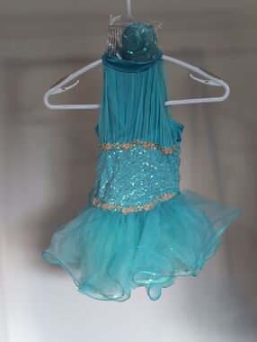 Weissman Teal Halter Dance Costume with Sequin Bodice